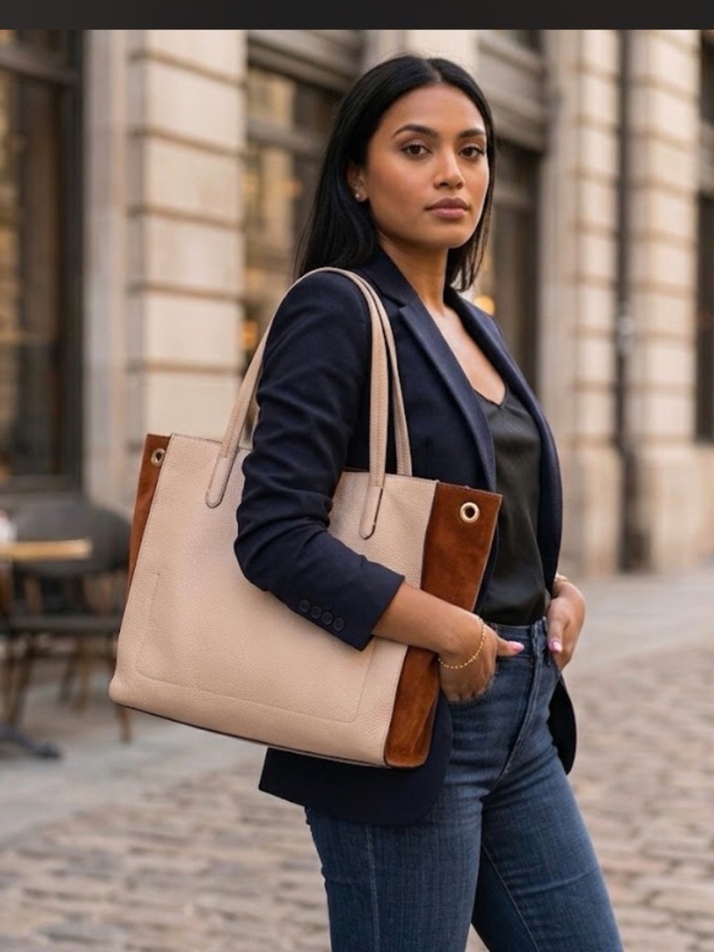 Banana Republic Classic Two-Tone Leather Tote Bag in Pale Pink and Brown Suede